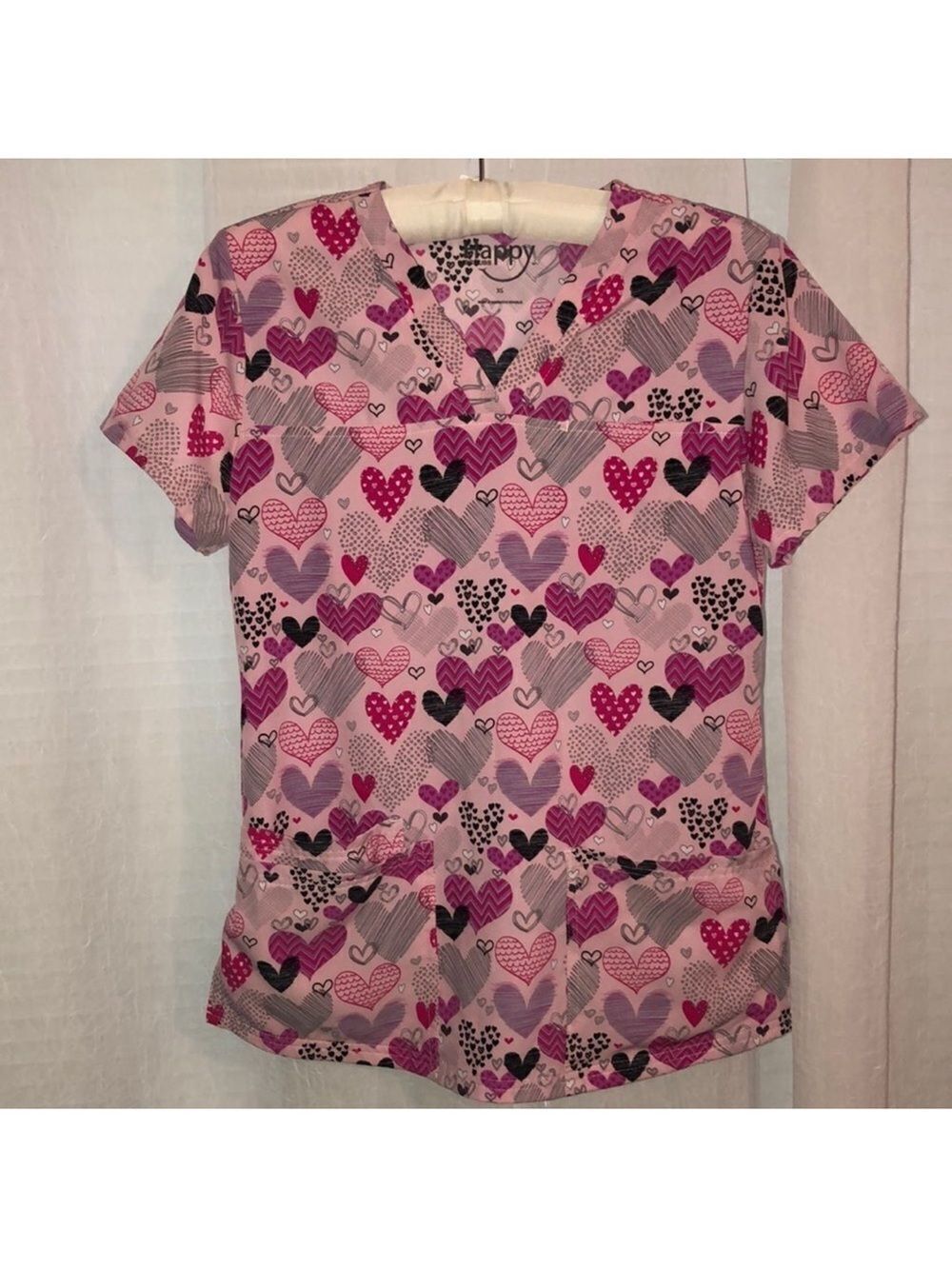 Happy Scrubs XS Heart Print Pink Black Scrub Top